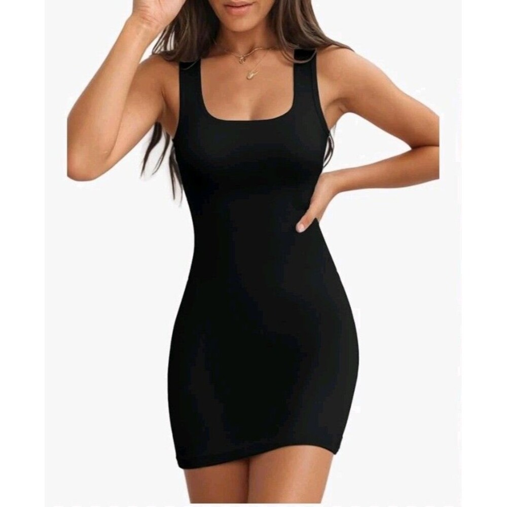 Women's Square Neck Mini Dress Ribbed Bodycon Tank Dress Medium